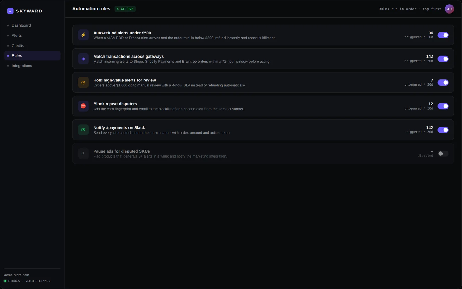 Skyward agent console — automation rules